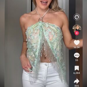 Sheer Sequin Fringe Halter Top - Mint Green